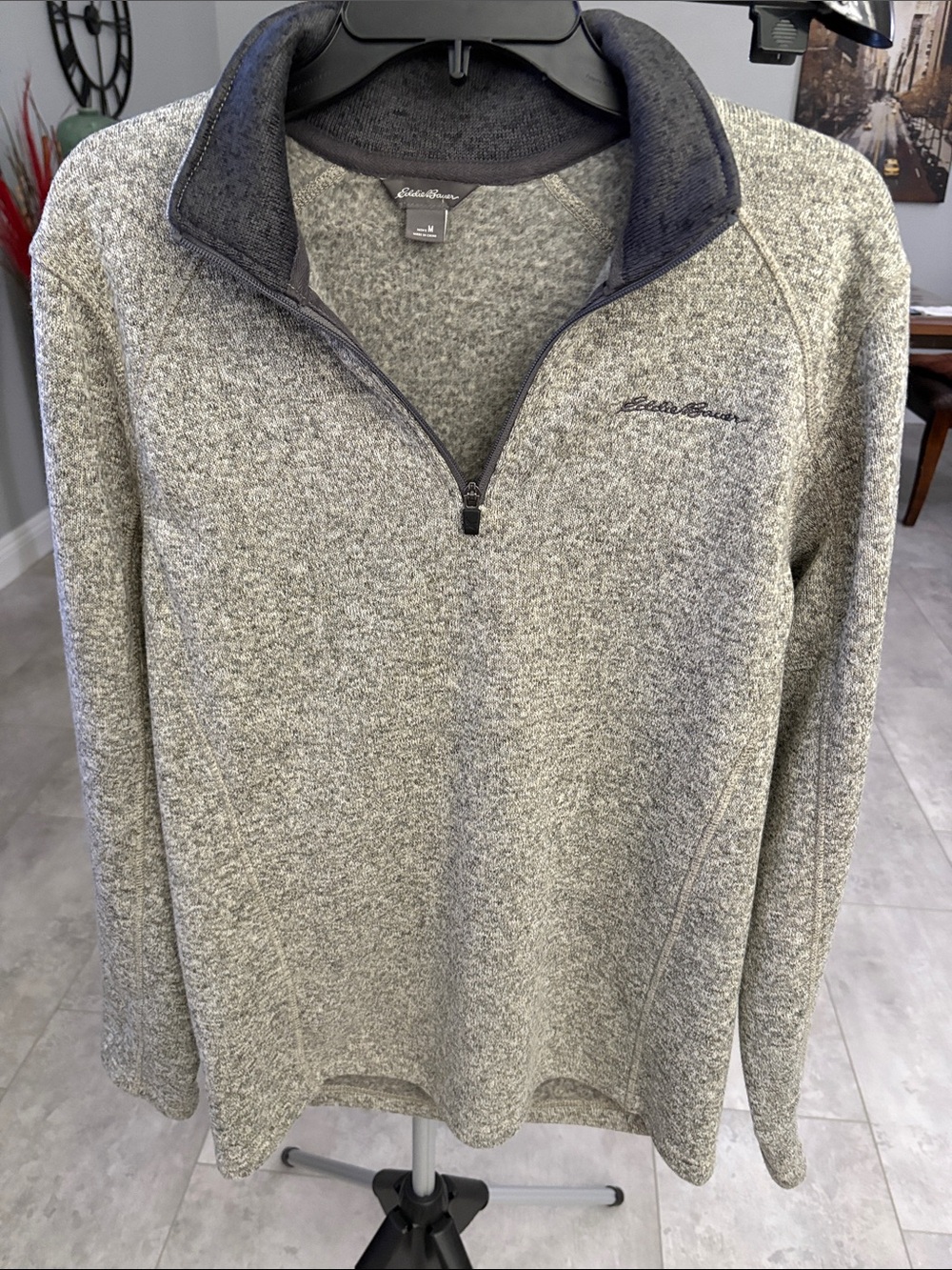 Eddie Bauer Men's Heather Beige. Quarter-Zip Pullover with Dark Brown Collar